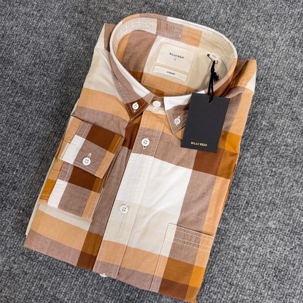 Billy Reid Shirt Men Large Brown Large Scale Plaid Tuscumbia Long Sleeve NEW